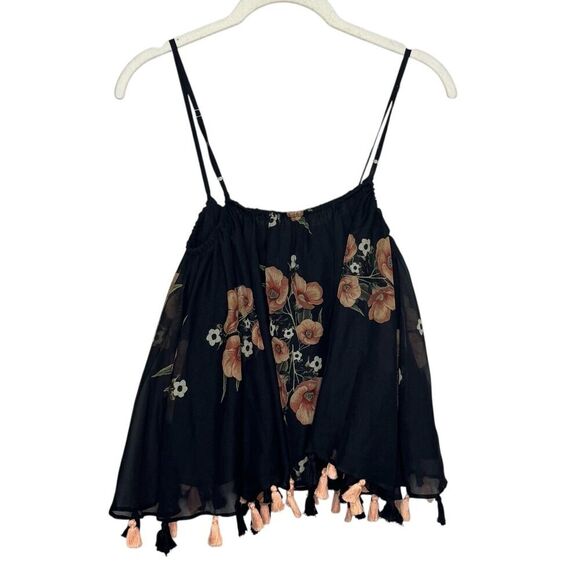 Anthropologie Carolina K Top Size Small Black Floral Tassel Hem Boho Festival - Picture 3 of 6